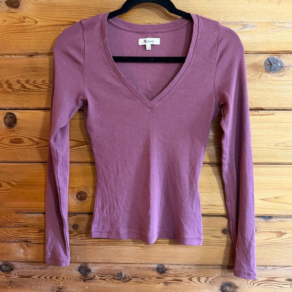 Madewell Long Sleeve Rib-Knit V-Neck Shirt XS